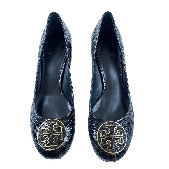 Tory Burch Shoes - Tory Burch Black Patent Snake Embossed Block Heeled Loafers Sz 8.5